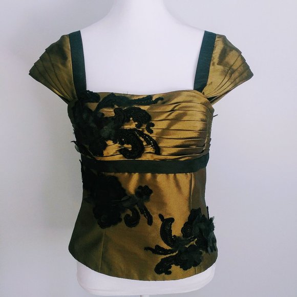 Y2K Olive & Black  Taffeta Satin Floral Applique Blouse Cap Sleeves Square Neck - Picture 2 of 9